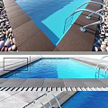 Swimming Pool Area With Blue Water Metal Handrails And 15m Length Pebble Ground Design