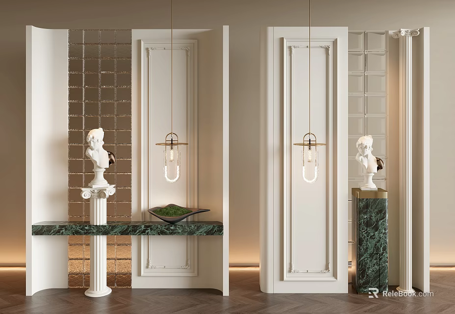 Elegant Modern Room Divider With White Frame Glass Panels Green Marble Countertop And Pendant Lights 3d model 