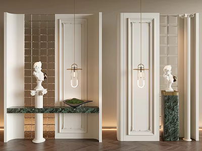 Elegant Modern Room Divider With White Frame Glass Panels Green Marble Countertop And Pendant Lights 3d model