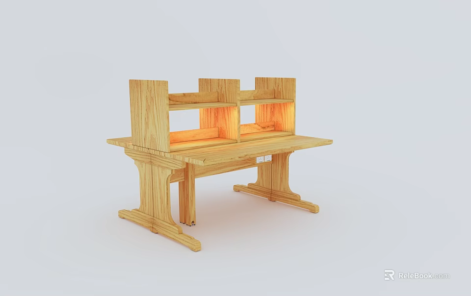 Minimalist Wooden Desk With Layered Shelves And Warm Integrated Lighting 3d model 