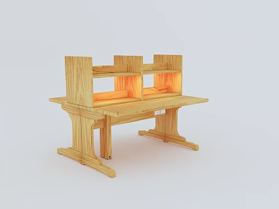 Minimalist Wooden Desk With Layered Shelves And Warm Integrated Lighting 3d model