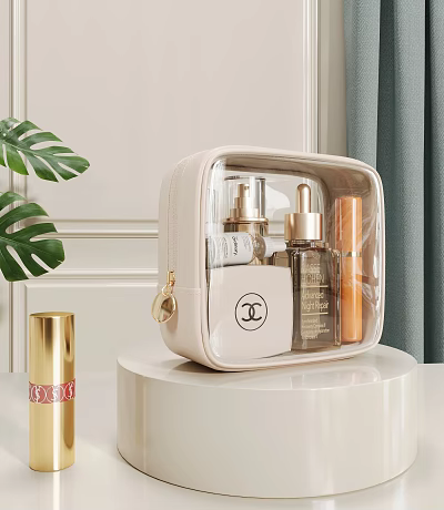 Beige Transparent Makeup Bag With Chanel Logo And Skincare Products On Vanity 3d model