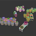Beautiful Countryside Landscape With Colorful Fruit Baskets And Wooden Tables