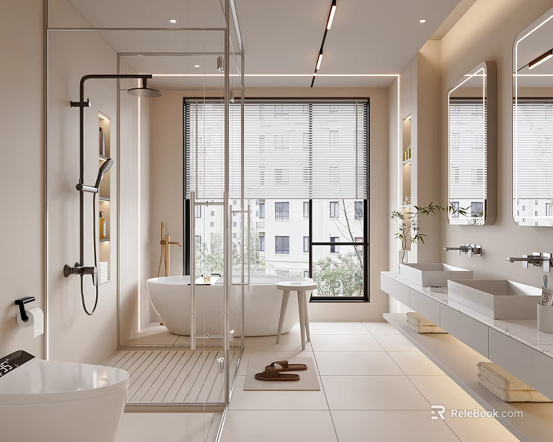 Modern Bathroom Interior Design With Freestanding Bathtub Double Vanity And Wall Mirrors 3d model 