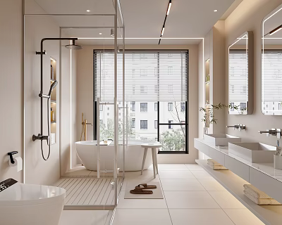 Modern Bathroom Interior Design With Freestanding Bathtub Double Vanity And Wall Mirrors 3d model