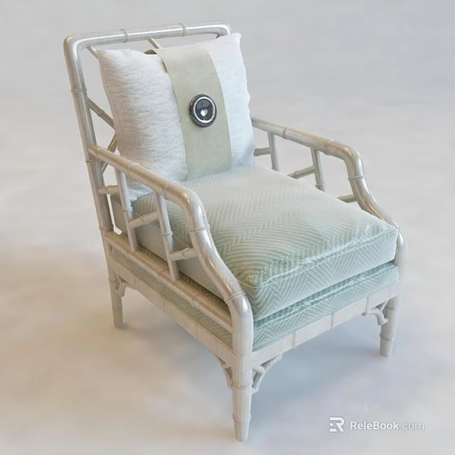 Single Sofa Rattan Frame Light Green Cushion With White Pillow Circular Decorative Button Design 3d model 