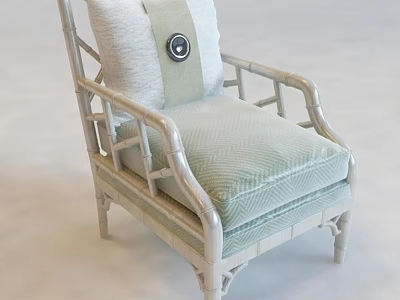 Single Sofa Rattan Frame Light Green Cushion With White Pillow Circular Decorative Button Design 3d model