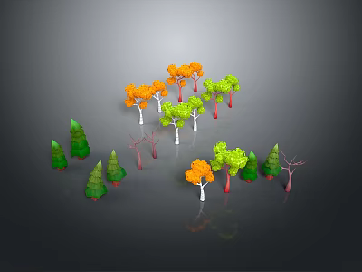 3D Modeled Trees With Various Colored Leaves Orange Green And Leafless Ones On Gray Background 3d model