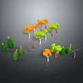 3D Modeled Trees With Various Colored Leaves Orange Green And Leafless Ones On Gray Background