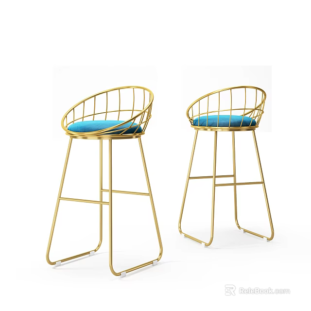 Modern Bar Stools With Gold Metal Frame And Blue Padded Seat 3d model 