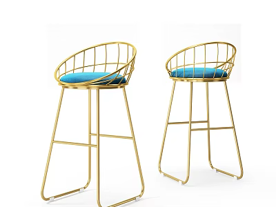 Modern Bar Stools With Gold Metal Frame And Blue Padded Seat 3d model