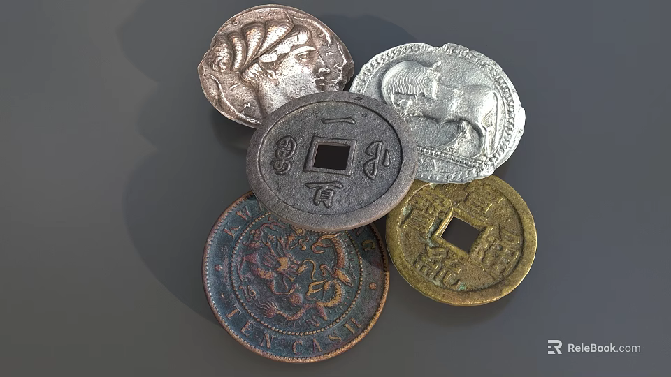 Vintage Antique Coin Ornament Decoration Set with Various Designs and Metal Craft 3d model 