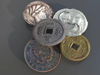 Vintage Antique Coin Ornament Decoration Set with Various Designs and Metal Craft 3d model