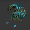 Blue Horned Mythical Animal Standing On Textured Glowing Structure With Small Blue Fragments Around