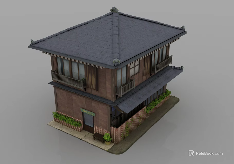 Traditional Two Story Japanese House With Black Tiled Roof Balcony And Green Plants 3d model 