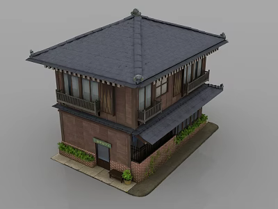 Traditional Two Story Japanese House With Black Tiled Roof Balcony And Green Plants 3d model