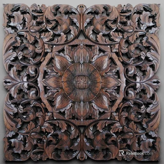 Intricate Detailed Wooden Carving Featuring Central Floral Pattern And Symmetrical Designs 3d model 