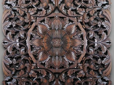 Intricate Detailed Wooden Carving Featuring Central Floral Pattern And Symmetrical Designs 3d model