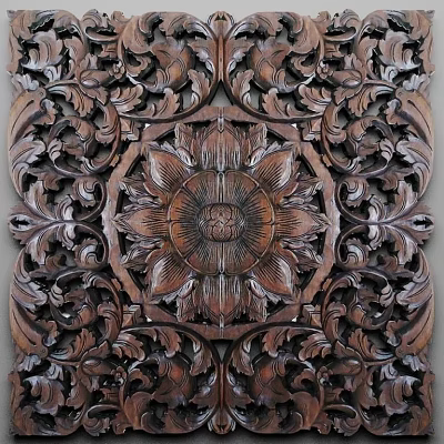 Intricate Detailed Wooden Carving Featuring Central Floral Pattern And Symmetrical Designs 3d model