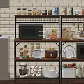 Modern Kitchen Shelving Unit With Microwave Cans Dishes Mixer Vegetables And Organized Storage