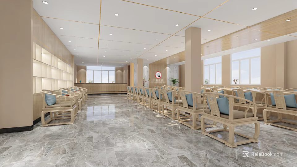 Modern Spacious Conference Room Interior With Wooden Chairs Large Windows And Marble Flooring 3d model 