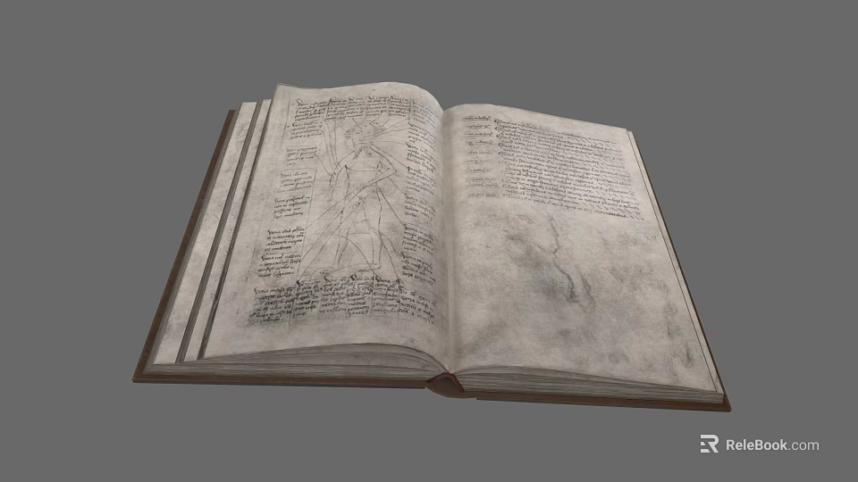 Open Ancient Book With Yellowed Pages Handwritten Text And Vintage Illustrations 3d model 
