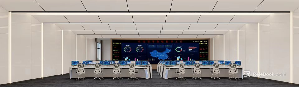 Modern Monitoring Room Interior With Multiple Monitor Screens And Large Data Display Dashboards 3d model 