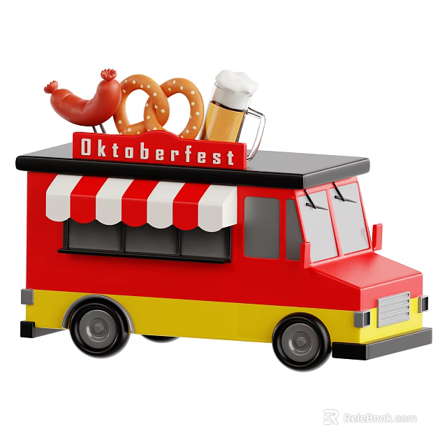 Oktoberfest Mobile Food Truck with Red and Yellow Design Sausage Pretzel and Beer 3d model 
