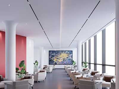 Modern Lounge Area With Comfortable Seating Large Windows Red Walls White Columns And Green Plants 3d model