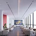 Modern Lounge Area With Comfortable Seating Large Windows Red Walls White Columns And Green Plants