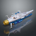 Futuristic Spacecraft Design With Golden Thruster Blue White Body And Deck Equipment