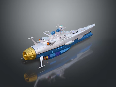 Futuristic Spacecraft Design With Golden Thruster Blue White Body And Deck Equipment 3d model