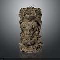 Ancient Maya Style Sculpture With Intricate Facial Carvings And Curved Ornaments