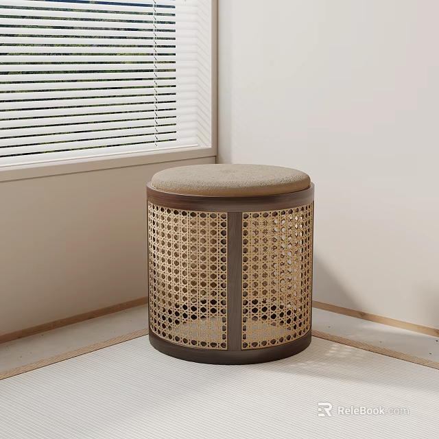 Round Rattan Design Stool With Padded Seat And Brown Frame In Modern Room 3d model 