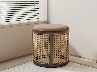 Round Rattan Design Stool With Padded Seat And Brown Frame In Modern Room 3d model