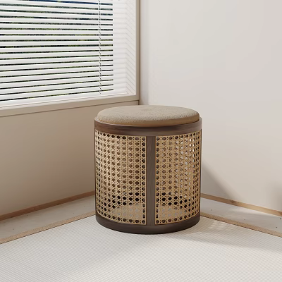 Round Rattan Design Stool With Padded Seat And Brown Frame In Modern Room 3d model