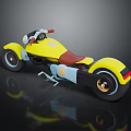 Yellow Motorcycle With Brown Seat Blue Accents On Black Background With Reflection