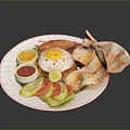 Plate of Assorted Food With Fried Chicken Fried Egg Prawn Crackers Tomato Lettuce And Sauces