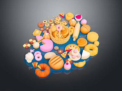 Assorted Delicious Foods Including Bread Cakes Cookies Fruits Donuts And Pastries 3d model