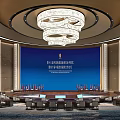 Elegant Conference Room Interior With Circular Table Blue Screen And Luxury Chandelier