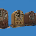 Vintage Wooden Headphone Speakers Multiple Units Arranged On Blue Background