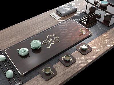 Elegant Traditional Chinese Tea Set Featuring Wooden Tray Teapot And Ceramic Cups 3d model