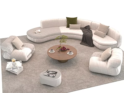 Curved White Sofa and Coffee Table Set with Pillows Blanket Green Plant on Soft Carpet 3d model