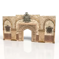 Historic Stone Archway Architecture With Ornate Top Sculpture And Symmetrical Side Panels