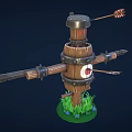 Cartoon Scarecrow Target Scene With Wooden Barrel Body Metal Rings Red Bullseye And Spear Arms
