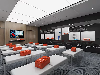 CPR Training Room Setup With White Tables Orange Equipment Boxes And Wall Displays 3d model