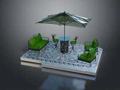 Cat Relaxing On Green Outdoor Sofa Near Umbrella And Round Table With Tiled Floor 3d model