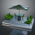 Cat Relaxing On Green Outdoor Sofa Near Umbrella And Round Table With Tiled Floor