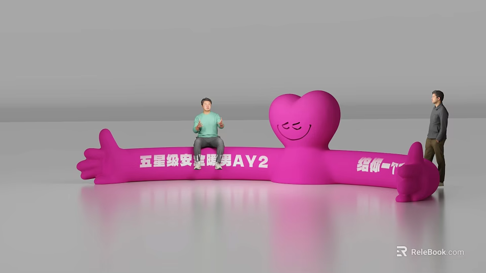 Giant Pink Heart Shaped Doll With Smiling Face For 5th Anniversary Celebration Day 2 And Keep Moving Forward Person Sitting Beside 3d model 