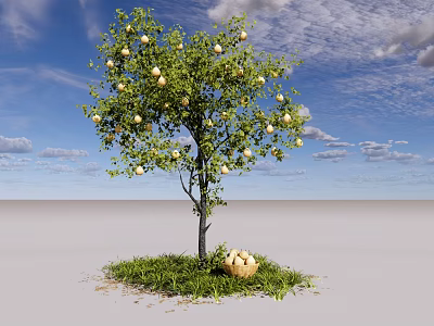 Fruit Tree With Fruits And Basket Of Fruits On Green Grass Under Blue Sky Clouds 3d model